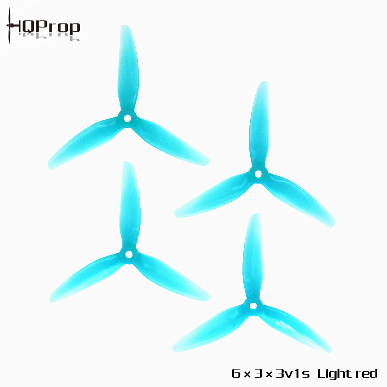 HQProp 6x3x3v1s propellers shown in light blue/turquoise, four 3-blade props with HQProp logo