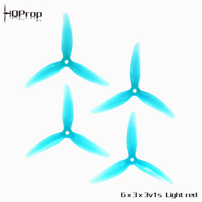 HQProp 6x3x3v1s propellers shown in light blue/turquoise, four 3-blade props with HQProp logo