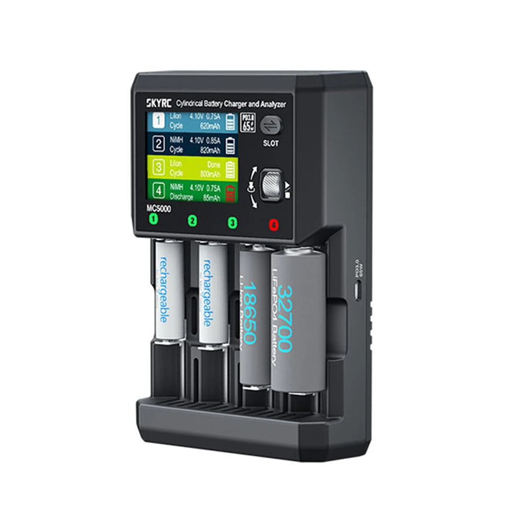 SkyRC MC5000 4-Slot Cylindrical Battery Charger, SkyRC MC5000 cylindrical battery charger with color LCD and four slots holding 18650 and 32700 cells