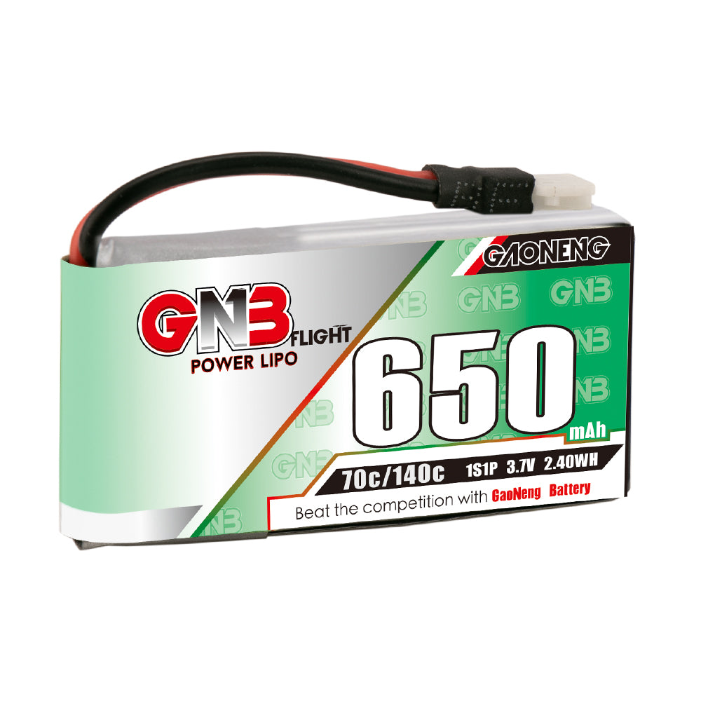 GAONENG GNB650 1S 3.7V 650mAh 70C LiPo battery with Molex 51005 plug, front label view