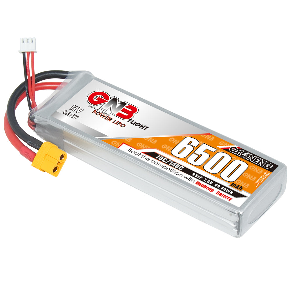 GAONENG GNB 2S 7.6V 6500mAh 70C LiHV LiPo battery pack with XT60U-F and balance lead