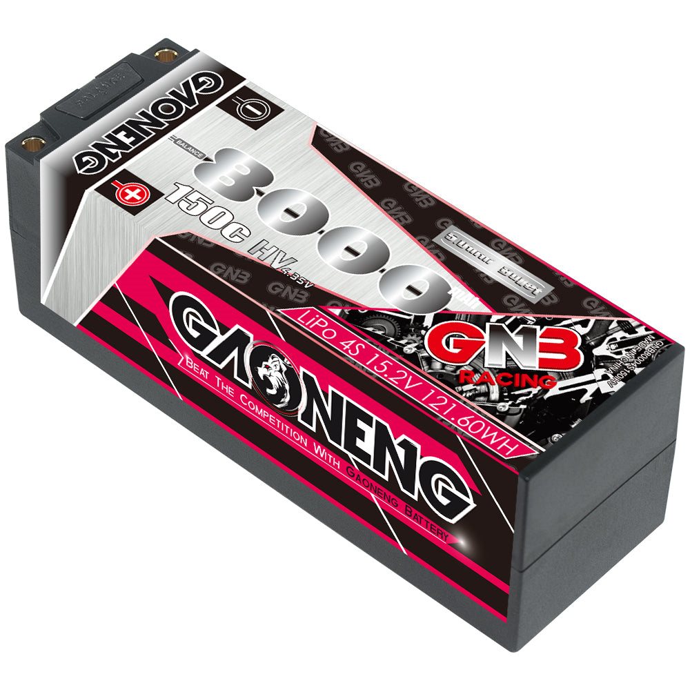 Angled view of GAONENG GNB hard case LiHV 4S battery showing 8000mAh 150C label and case design