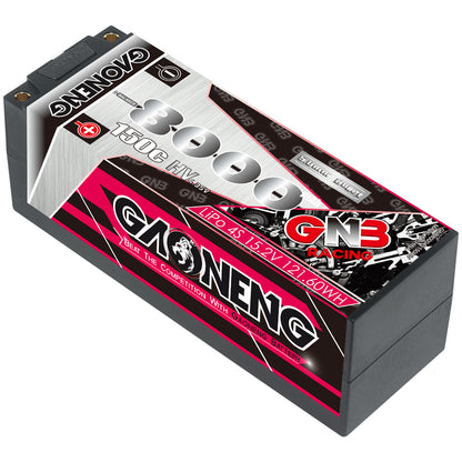 Angled view of GAONENG GNB hard case LiHV 4S battery showing 8000mAh 150C label and case design