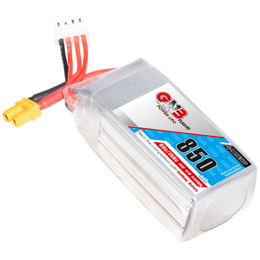 Angled top view of GNB 850mAh LiPo showing shrink wrap, label, XT30 lead and balance connector