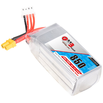 Angled top view of GNB 850mAh LiPo showing shrink wrap, label, XT30 lead and balance connector
