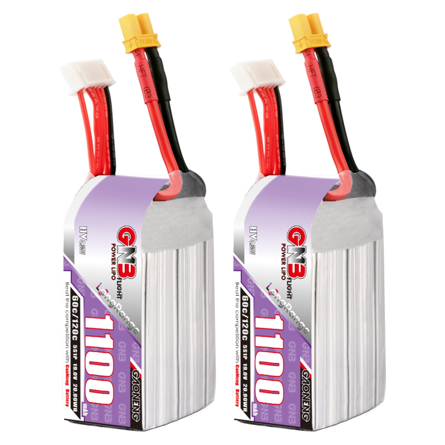 GAONENG GNB1100 5S LiHV 1100mAh 60C XT30 battery pack, twin view with balance lead