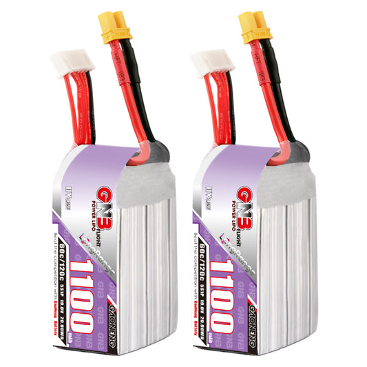 GAONENG GNB1100 5S LiHV 1100mAh 60C XT30 battery pack, twin view with balance lead
