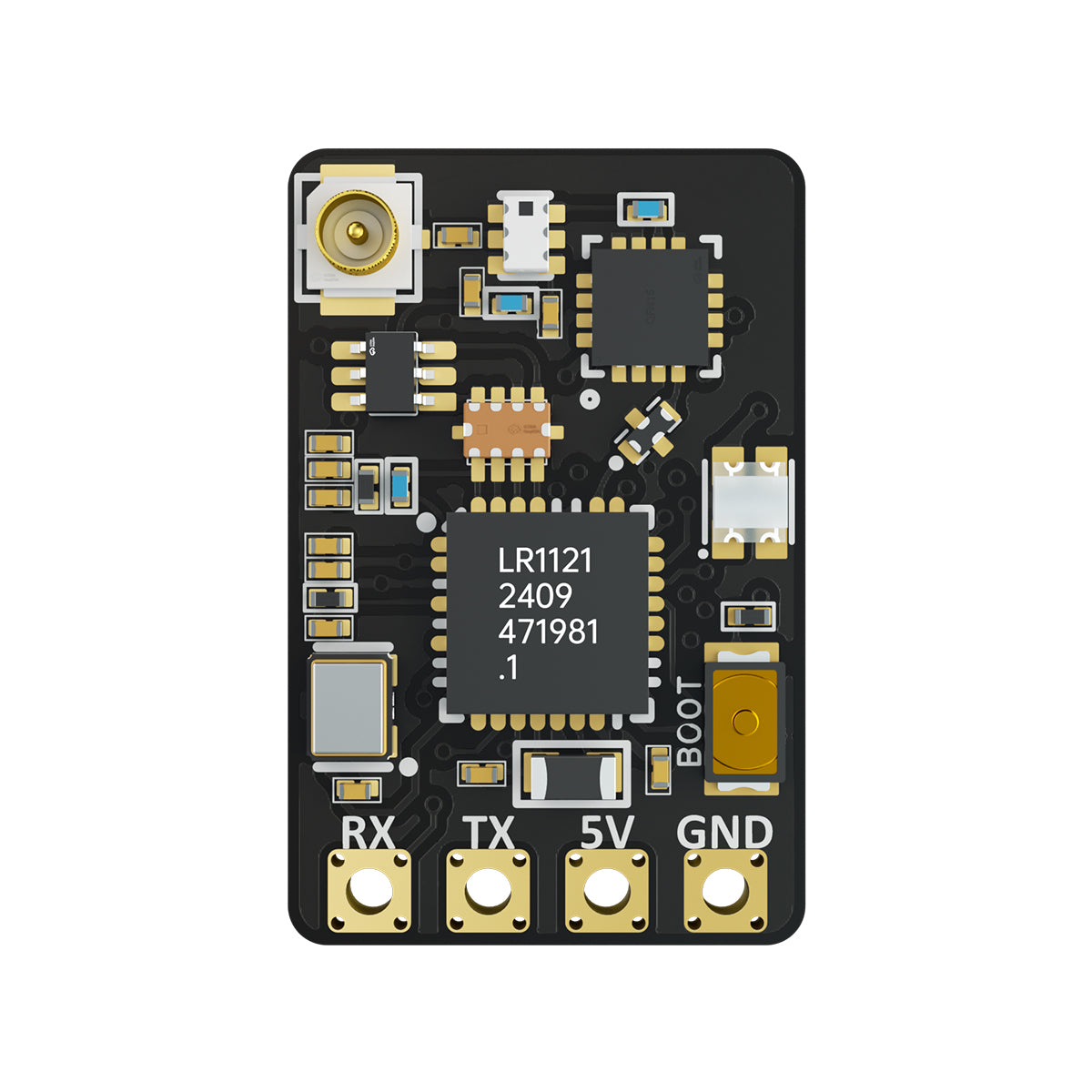 BrotherHobby C3 ExpressLRS receiver PCB with u.FL antenna connector, BOOT button, and RX/TX/5V/GND pads