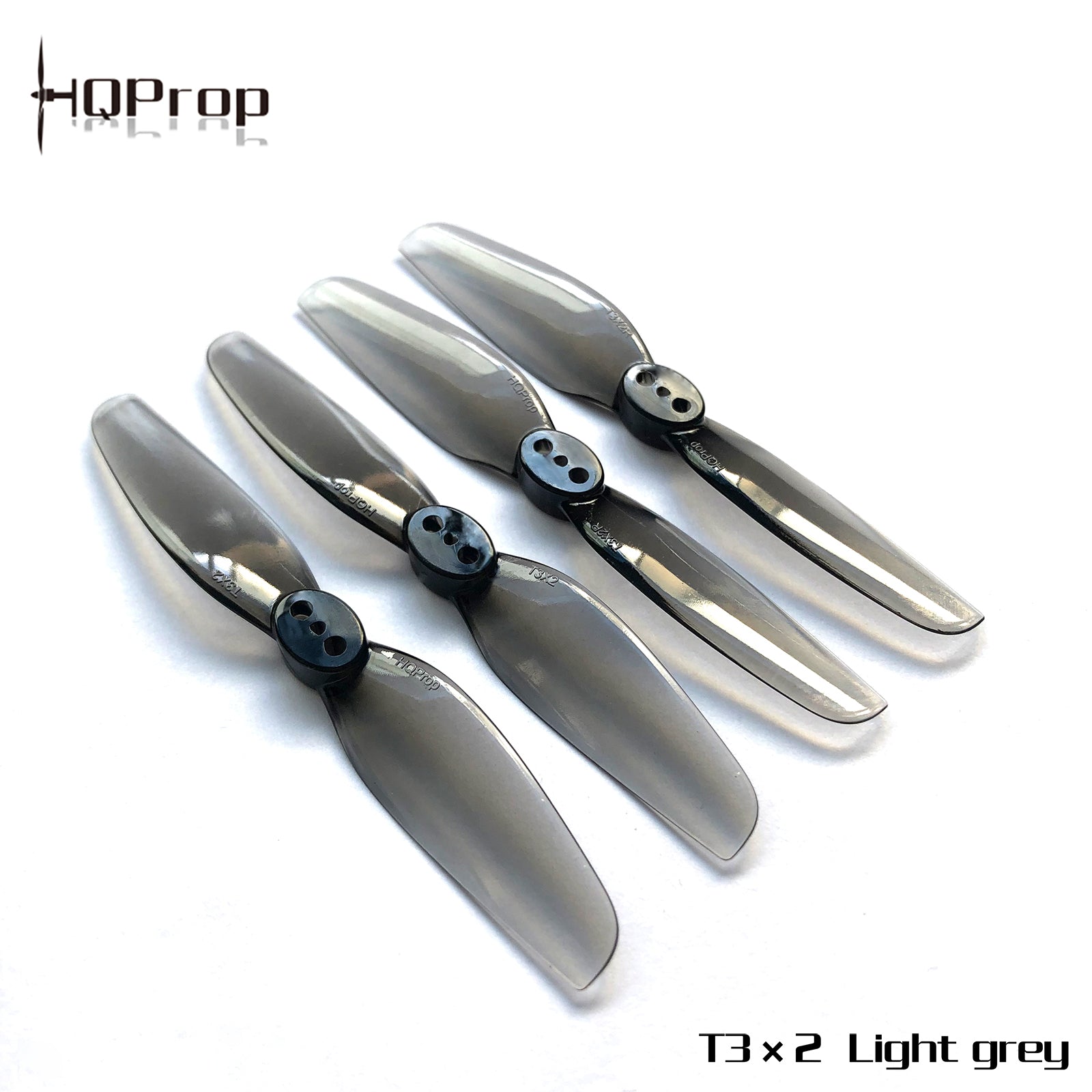 HQProp T3X2 propellers in light grey color, four 2-blade props shown with HQProp logo