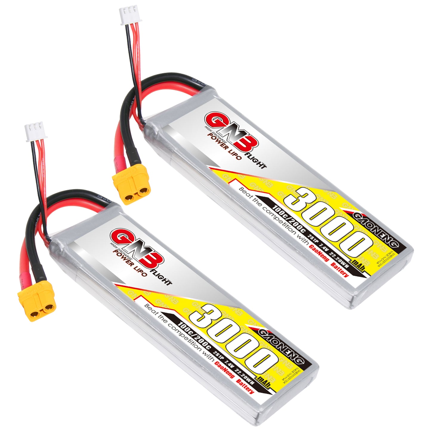 Two GAONENG GNB 2S 7.4V 3000mAh 100C LiPo Battery packs shown together at matching angles