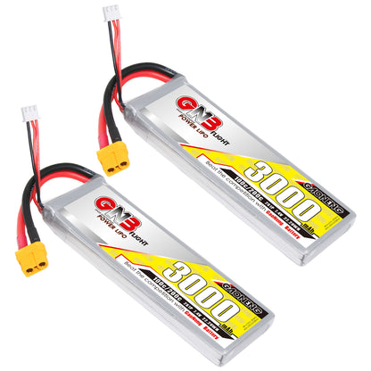 Two GAONENG GNB 2S 7.4V 3000mAh 100C LiPo Battery packs shown together at matching angles