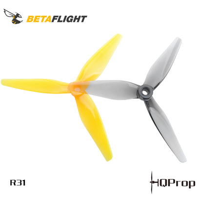 R31 propellers product graphic with BetaFPV and HQProp logos, yellow and grey 3-blade props