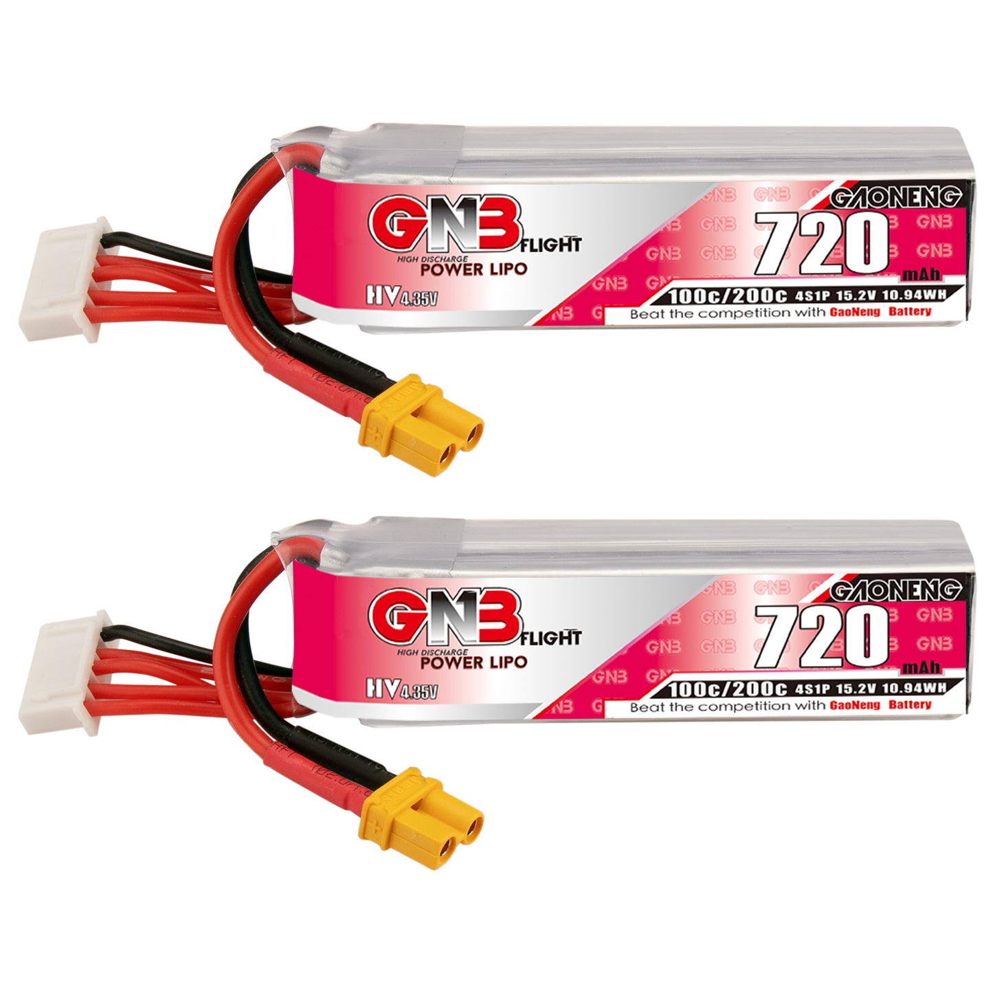 GNB LiHV 4S 15.2V 720mAh 100C LiPo battery long type with XT30 connector, side label view