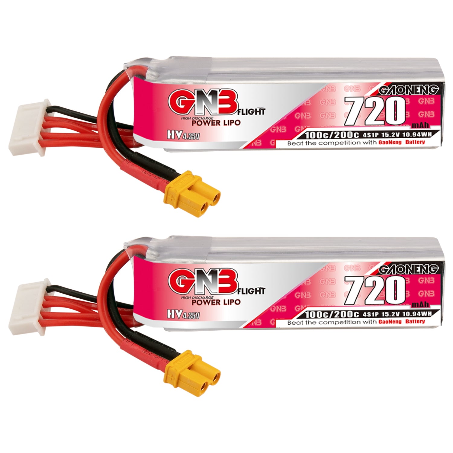 GNB LiHV 4S 15.2V 720mAh 100C LiPo battery long type with XT30 connector, side label view