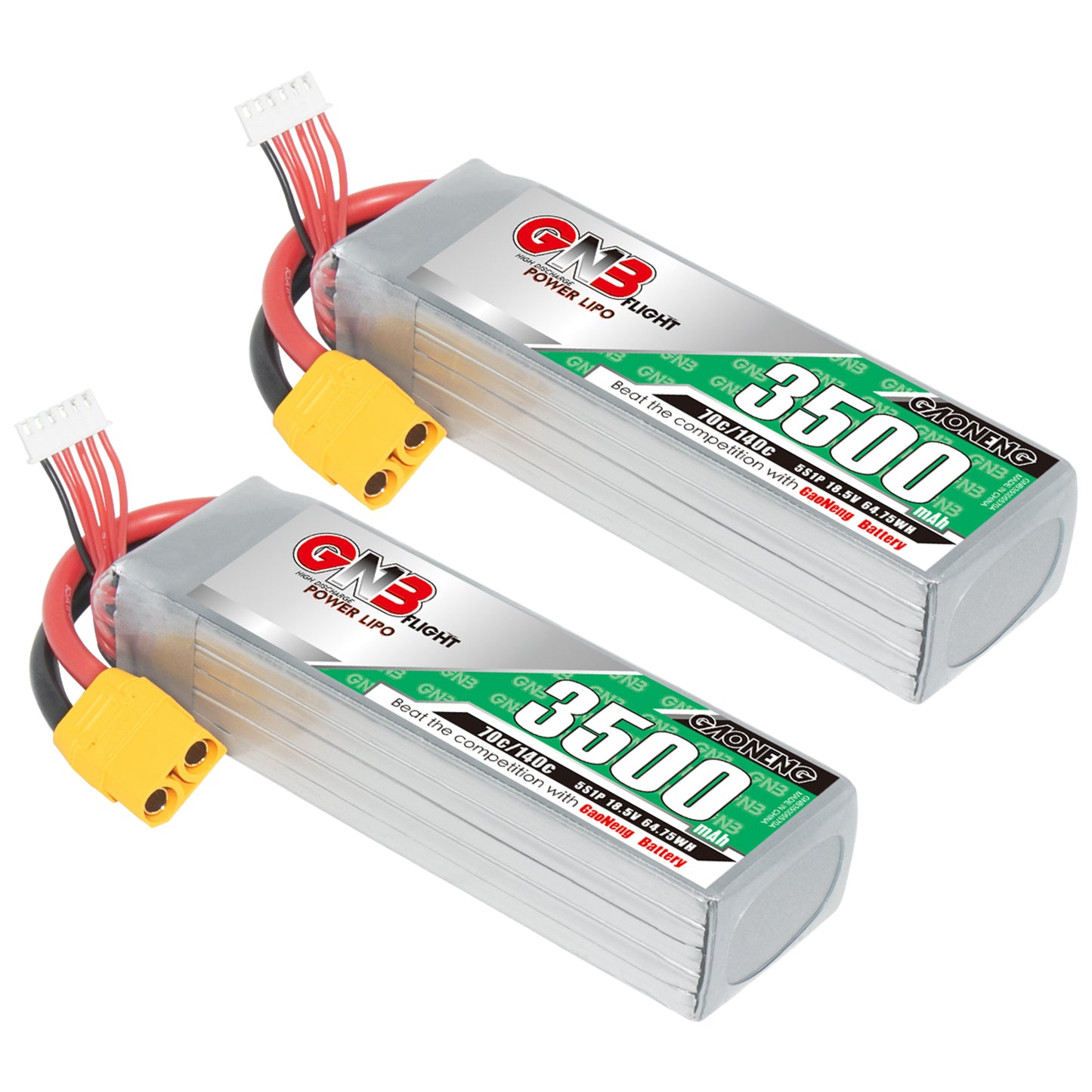 Two GAONENG GNB 5S 3500mAh LiPo batteries shown together with XT90 connectors and balance leads