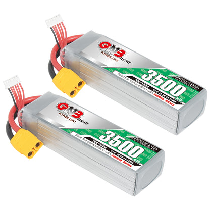Two GAONENG GNB 5S 3500mAh LiPo batteries shown together with XT90 connectors and balance leads