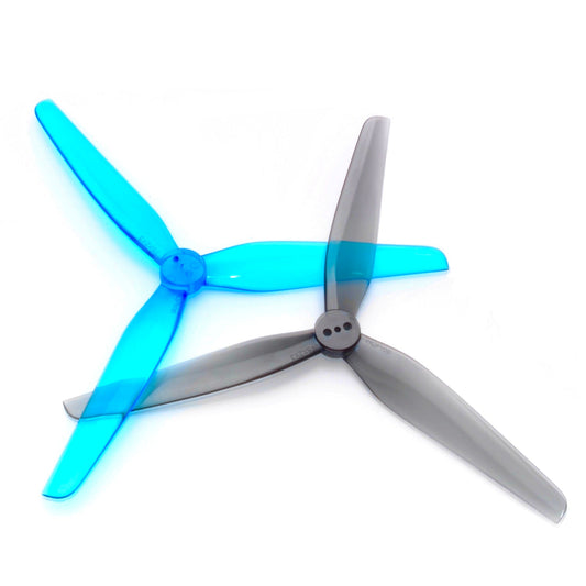 HQProp T5X2X3 5-inch 3-blade polycarbonate propellers, blue and grey, top view
