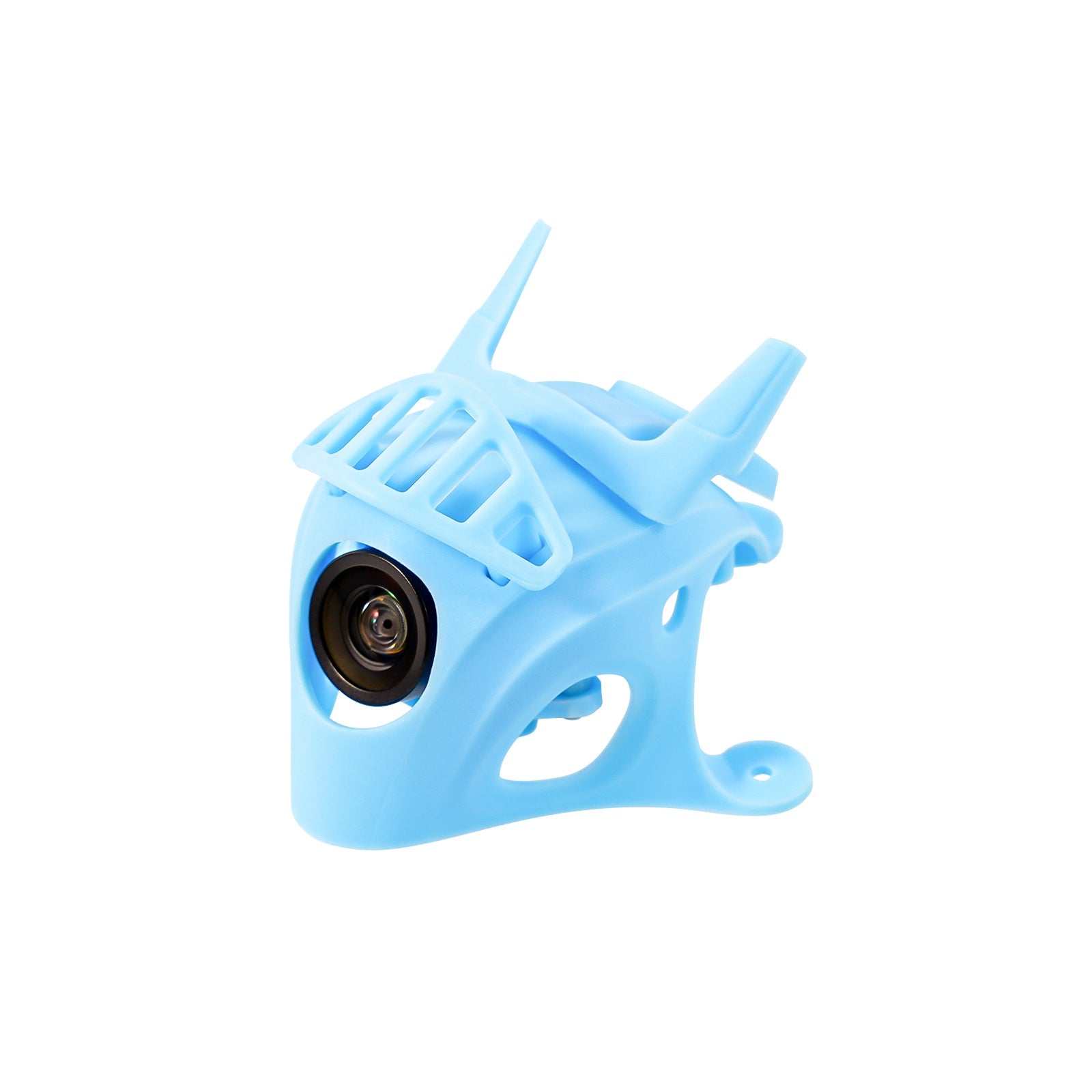 Blue micro FPV camera canopy with camera installed, showing front lens opening and top grille
