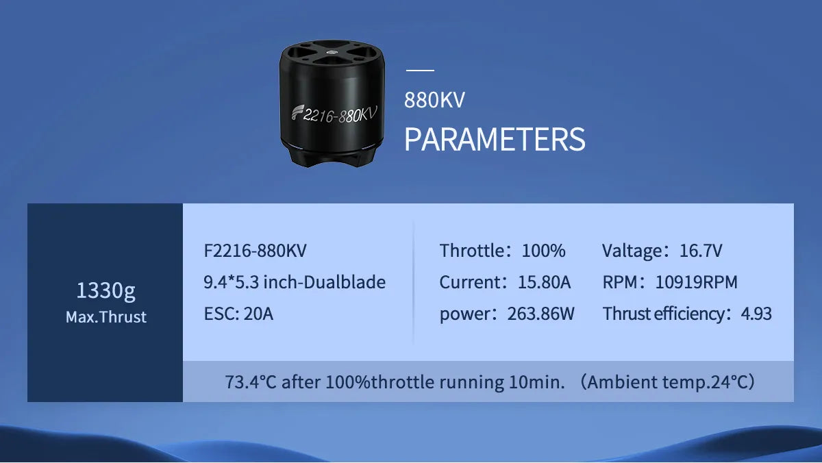 ESC: 20A power: 263.861 Thrust efficiency: 4.93 73.