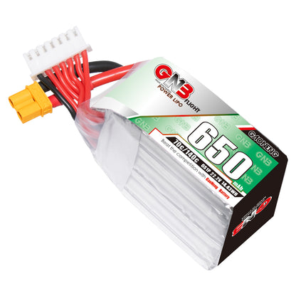 GAONENG GNB 6S 650mAh 70C LiPo battery XT30, angled view showing wire leads and shrink wrap pack