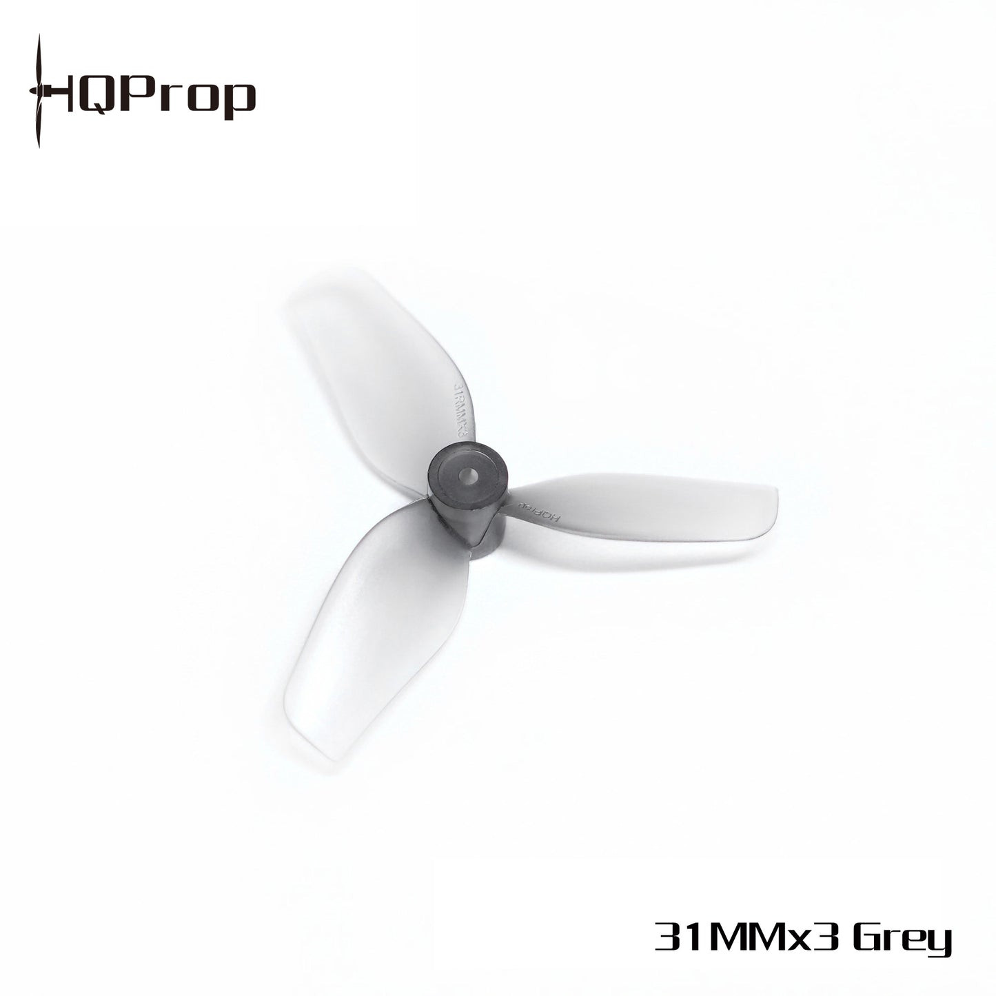 HQProp 31MMx3 Grey tri-blade whoop prop with branding text on white background