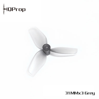 HQProp 31MMx3 Grey tri-blade whoop prop with branding text on white background