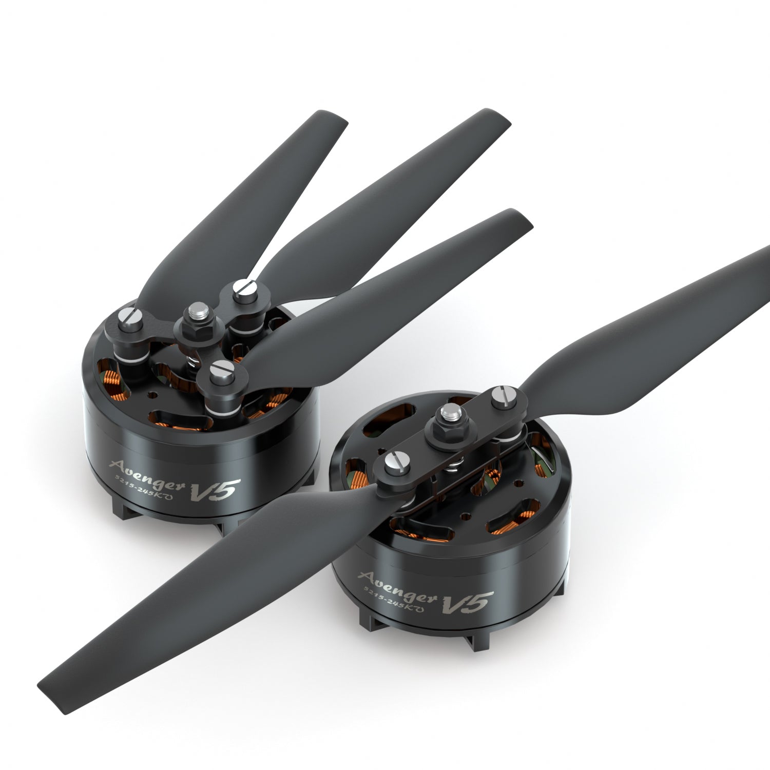 BrotherHobby Avenger 5215 V5 Motor, Two BrotherHobby Avenger 5215 V5 brushless drone motors with propellers and black aluminum housing