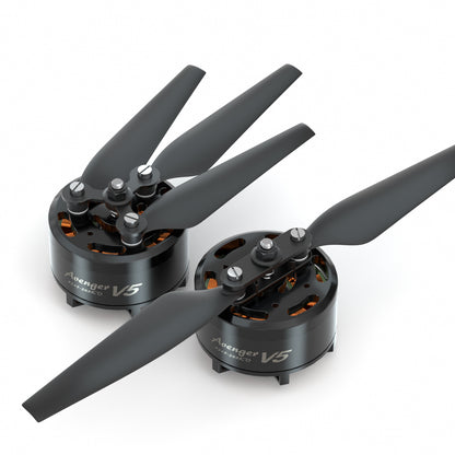 BrotherHobby Avenger 5215 V5 Motor, Two BrotherHobby Avenger 5215 V5 brushless drone motors with propellers and black aluminum housing