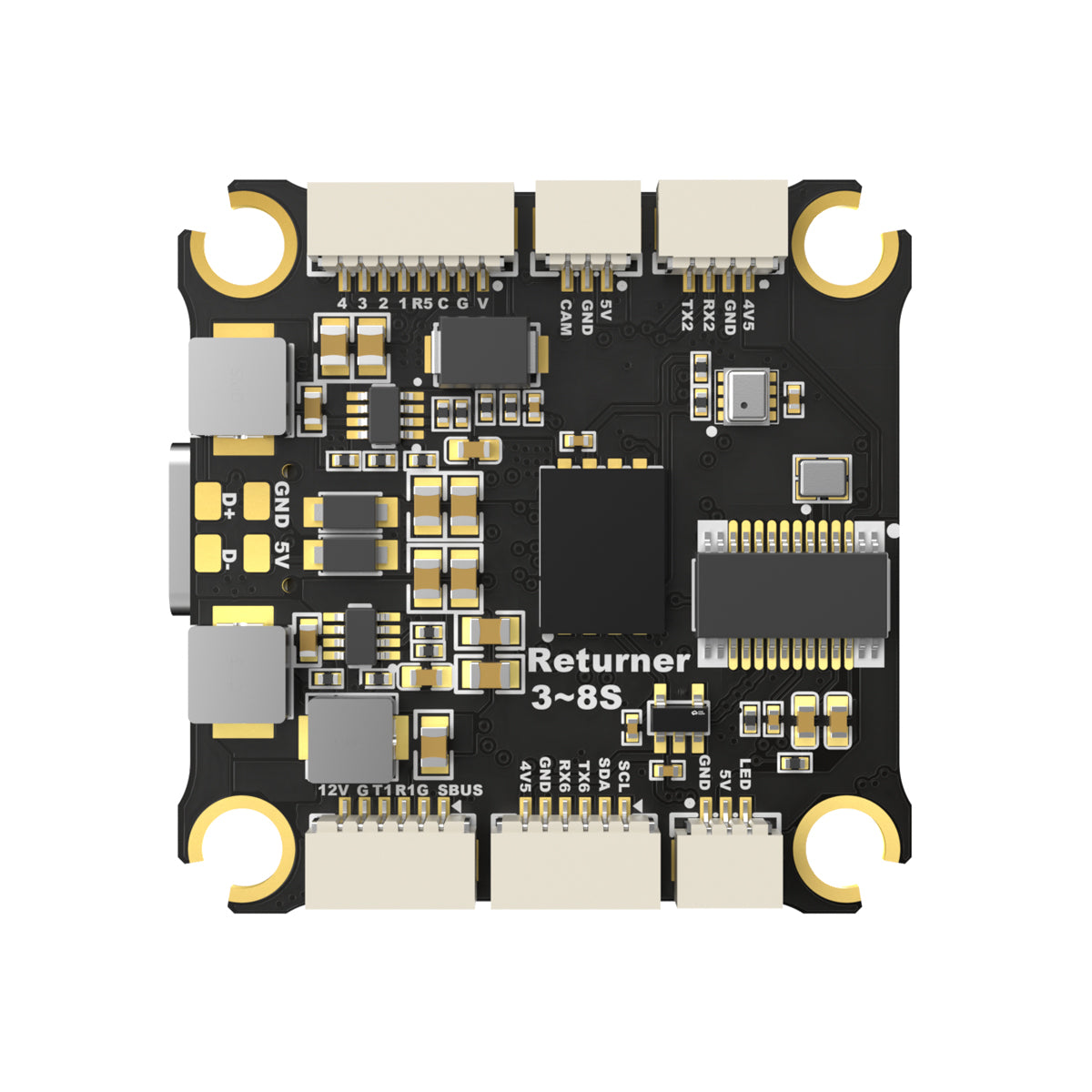 BrotherHobby Returner 3-8S F722 flight controller board with USB-C port, corner mounting holes, and JST connectors