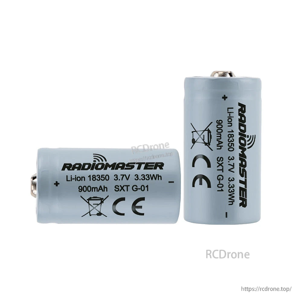 Two RadioMaster 18350 3.7V Li-ion cells, one horizontal and one vertical, label and polarity marks