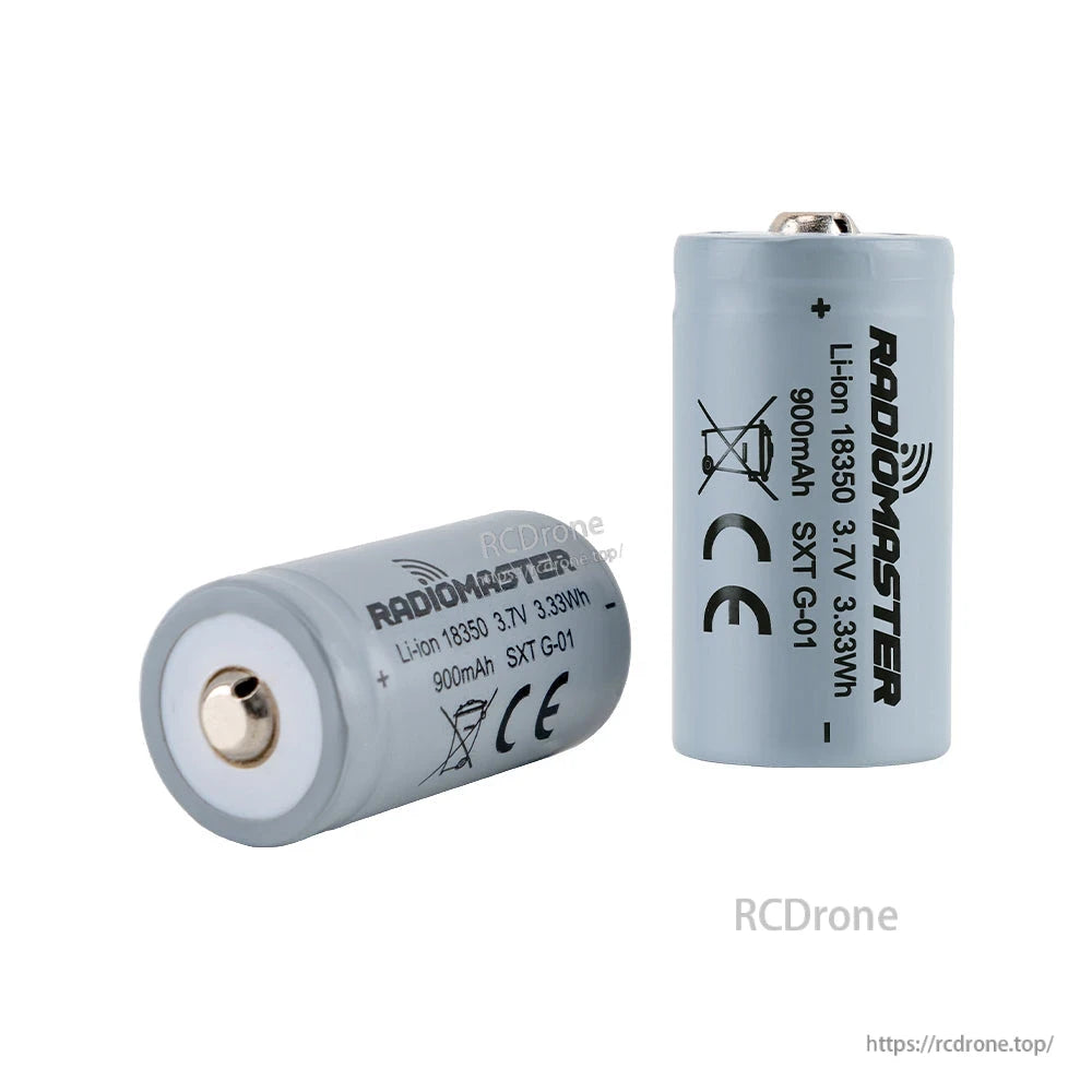 900mAh 3.7V Li-ion 18350 Battery pair showing positive terminal close-up and label, RCDRone watermark