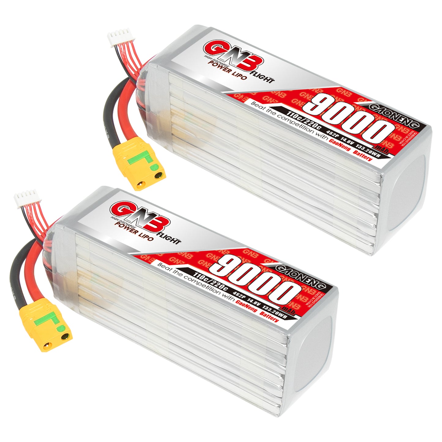 Two GNB 9000mAh LiPo packs shown together with XT90S connectors and balance leads