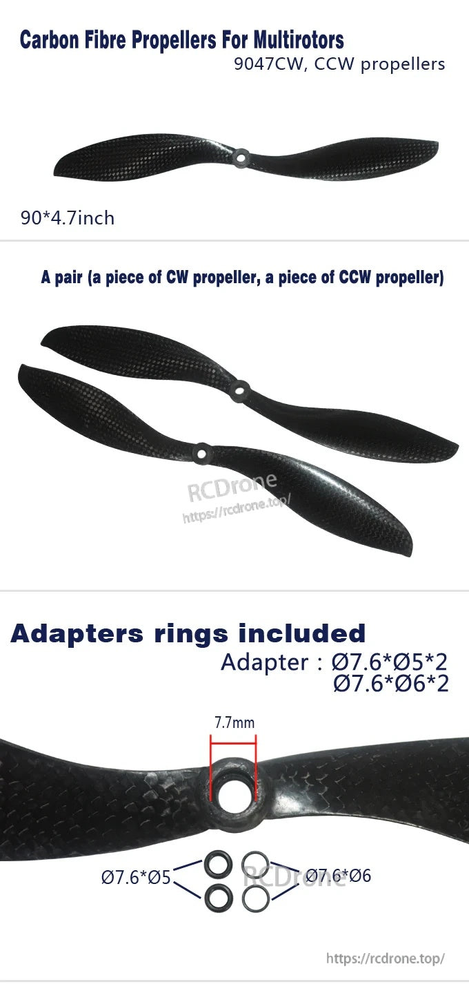 9047 CW/CCW carbon fibre propeller set for multirotors, 90×4.7 in pair with adapter rings