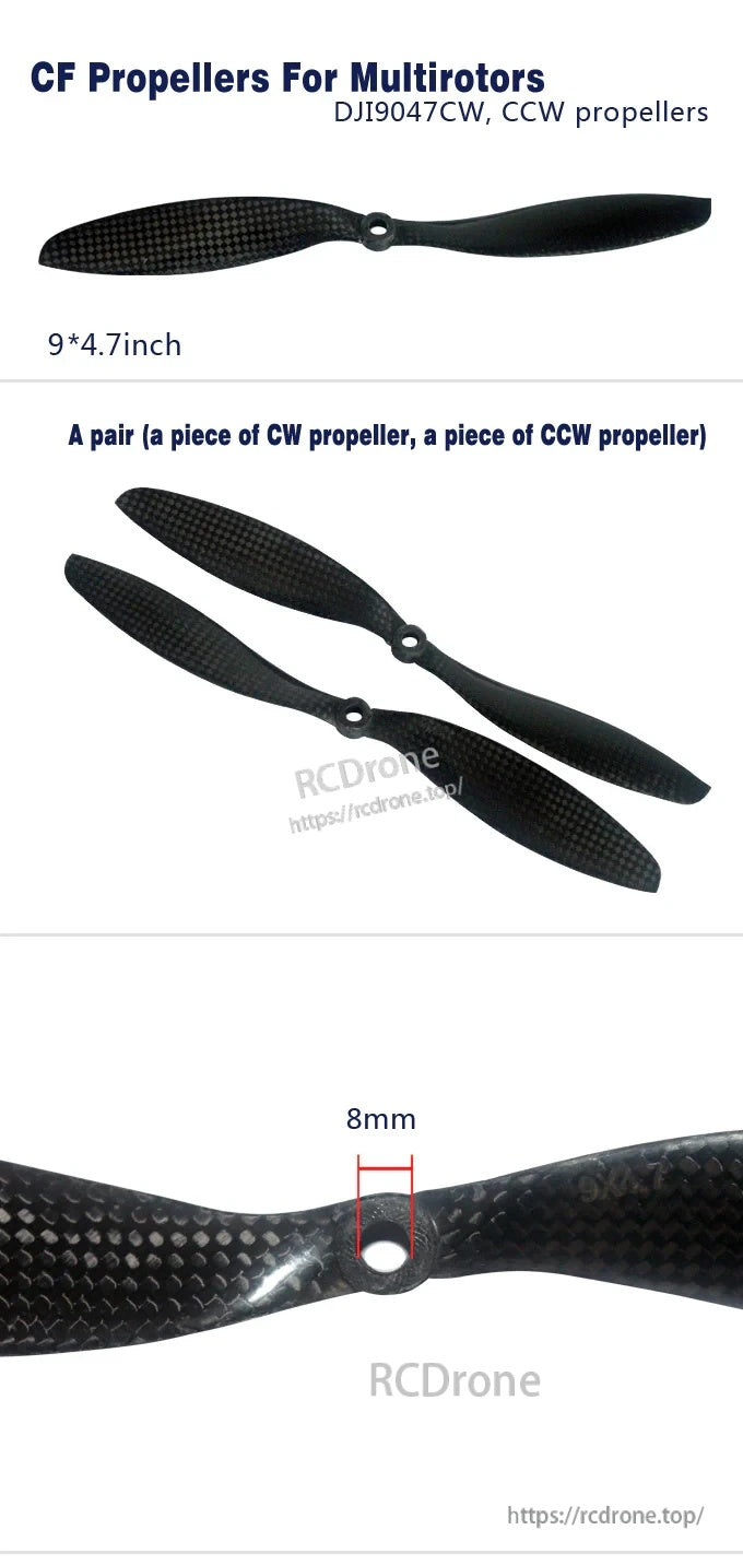 DJI 9047 carbon fiber propeller set (CW + CCW), 9×4.7 in size with 8 mm mounting hole