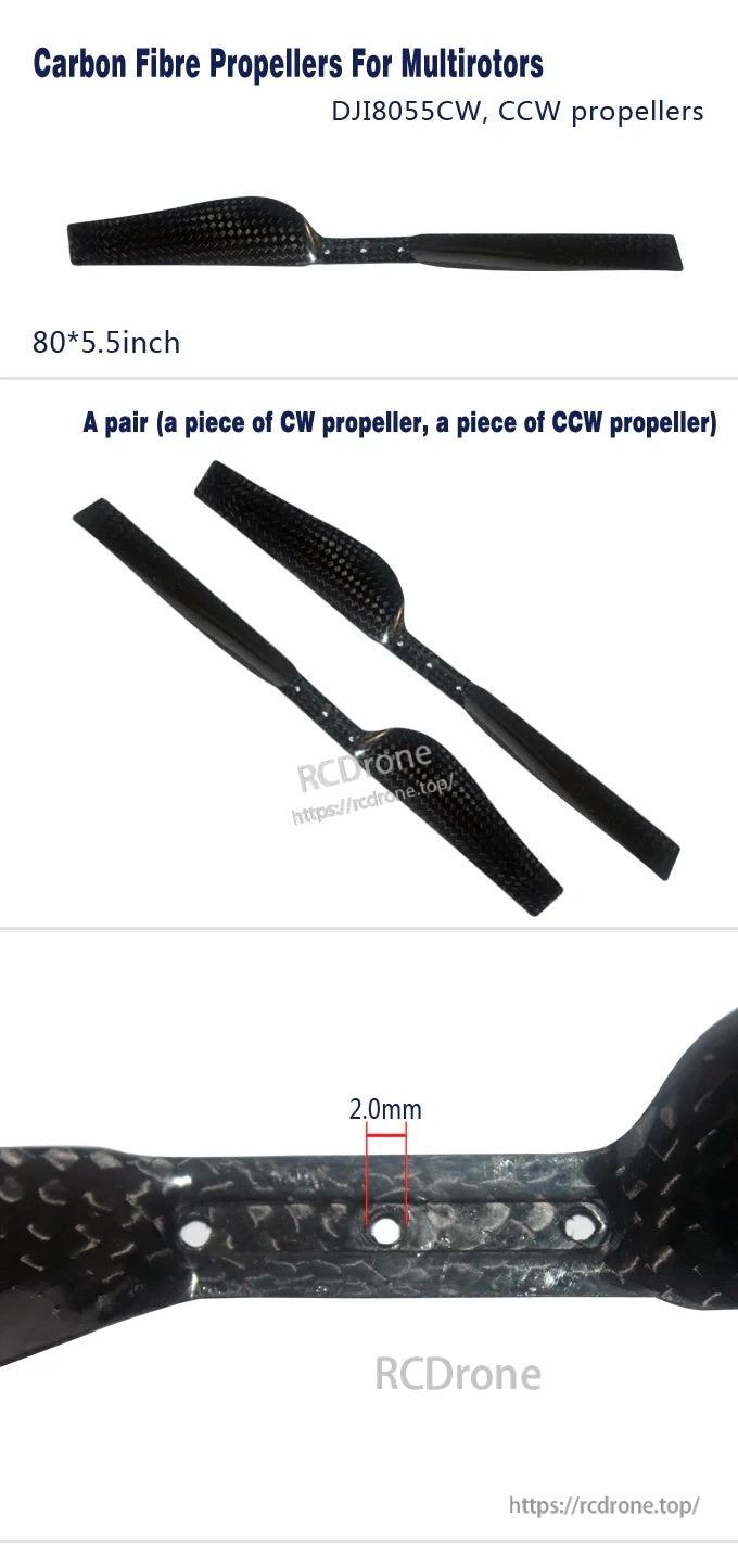 9055 CW/CCW carbon fibre propeller set for multirotors with 80×5.5 inch marking and 2.0 mm thickness detail