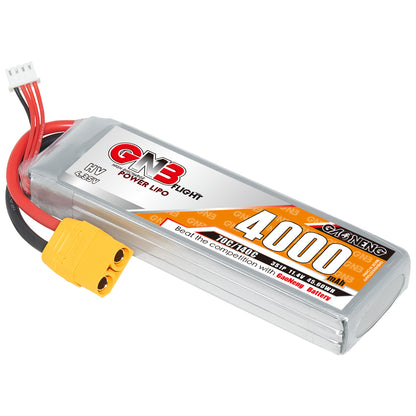 Angled view of GNB 4000mAh LiHV LiPo battery showing casing, wires, and XT90 plug