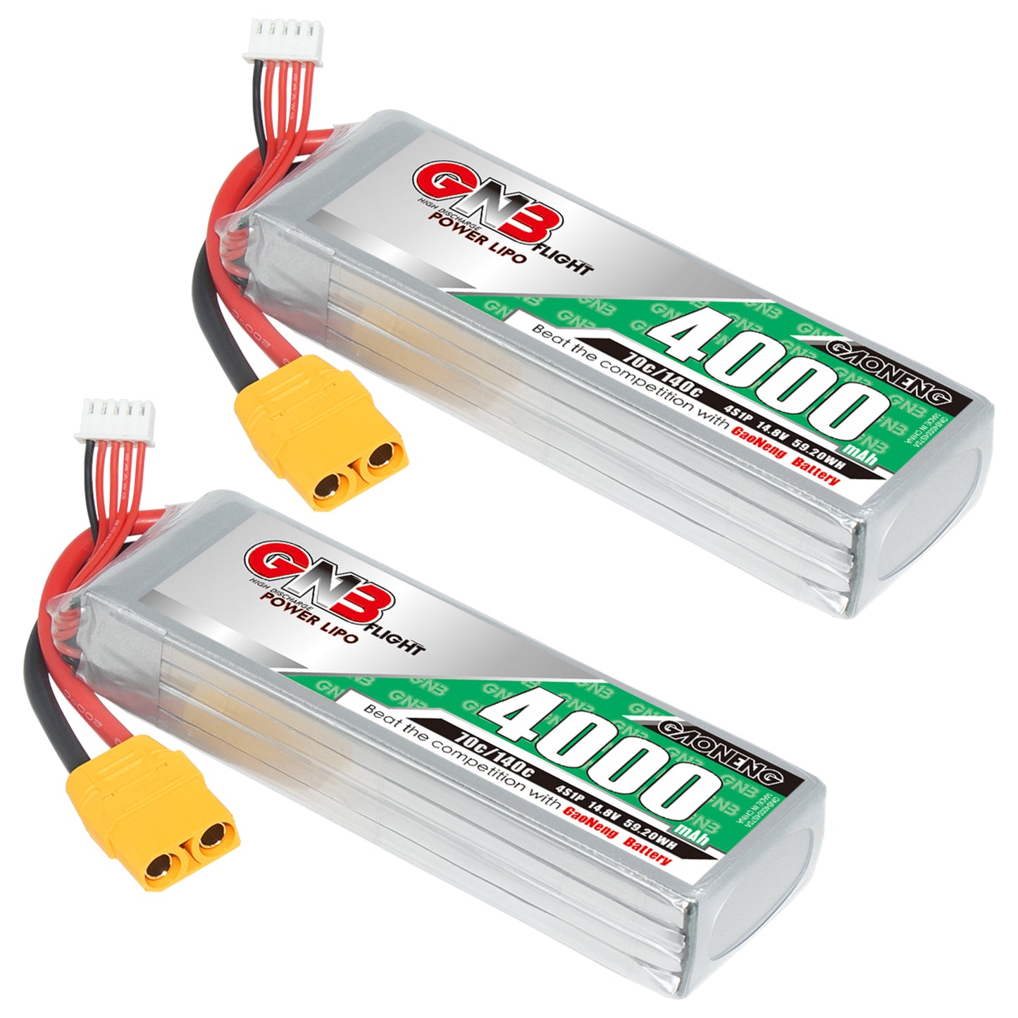 Two-pack display of GNB 4000mAh LiPo batteries with XT90 connectors and balance plugs