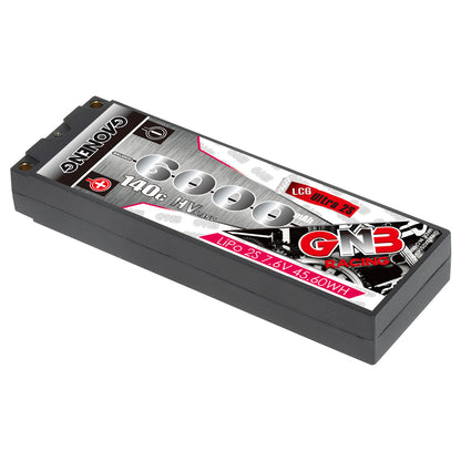 Angled view of GNB 6000mAh 140C LiHV 2S hard case pack, Ultra LCG profile label side