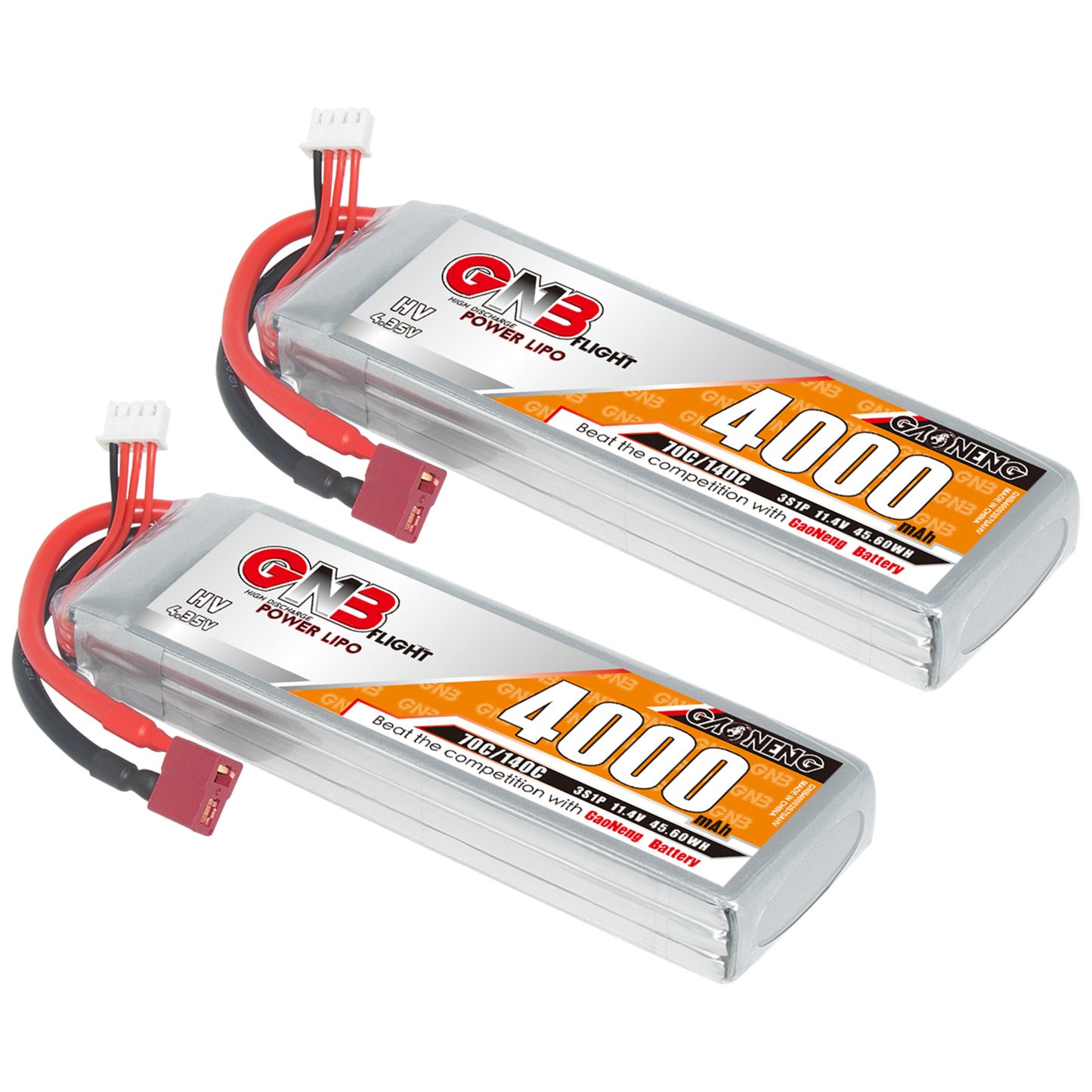 Two GNB 4000mAh LiHV 3S LiPo batteries with T-plug connectors, angled view