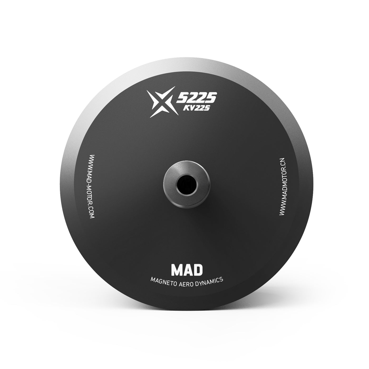 Top view of MAD X5225 KV225 drone motor bell with central shaft hole and printed MAD branding