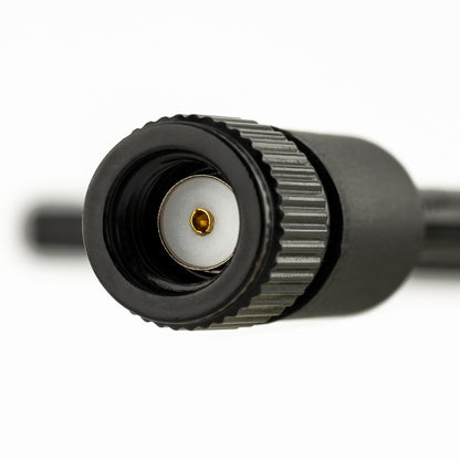 Close-up of threaded RF connector and center pin on the Bandit antenna coax cable