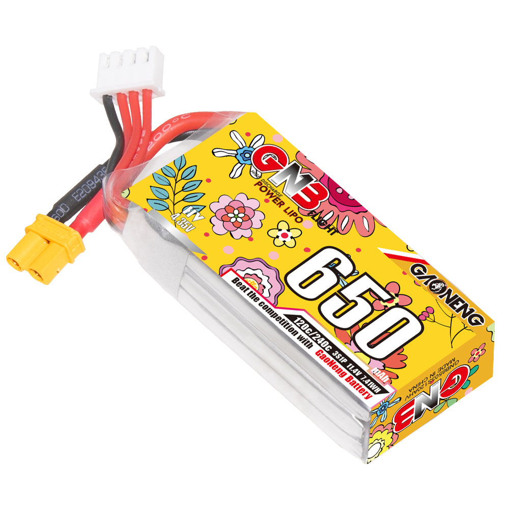GNB 650mAh 3S LiHV battery angled view showing XT30 connector and 4-pin balance plug