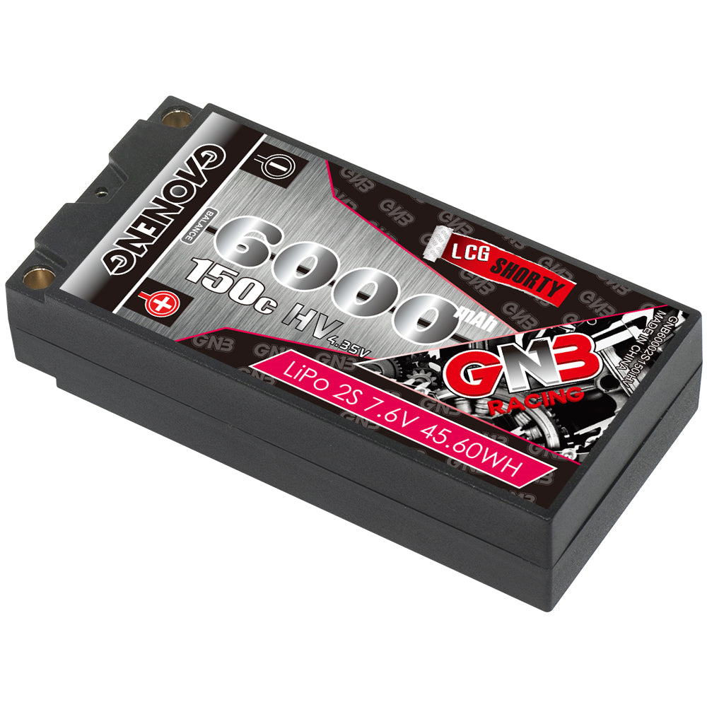 Angled view of GAONENG GNB 6000mAh 2S LiHV LCG shorty hard case battery label and case profile