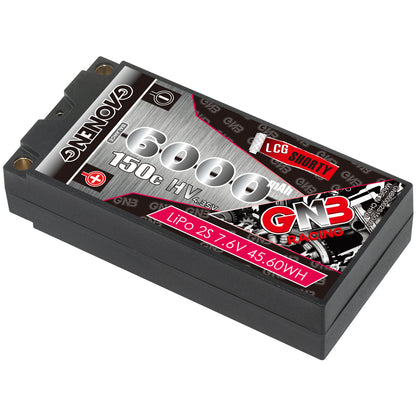 Angled view of GAONENG GNB 6000mAh 2S LiHV LCG shorty hard case battery label and case profile