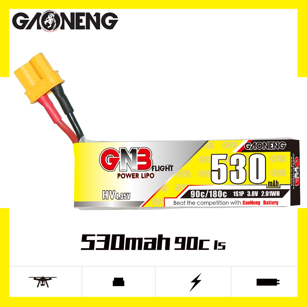 GNB 530mAh 1S LiHV battery front label showing 90C/180C rating and 3.8V 2.0Wh