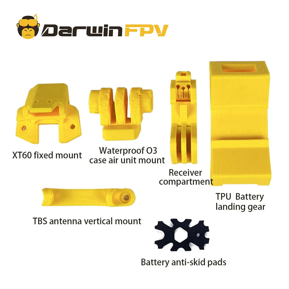 TPU accessory kit layout: XT60 fixed mount, antenna mount, anti-slip pads, landing gear