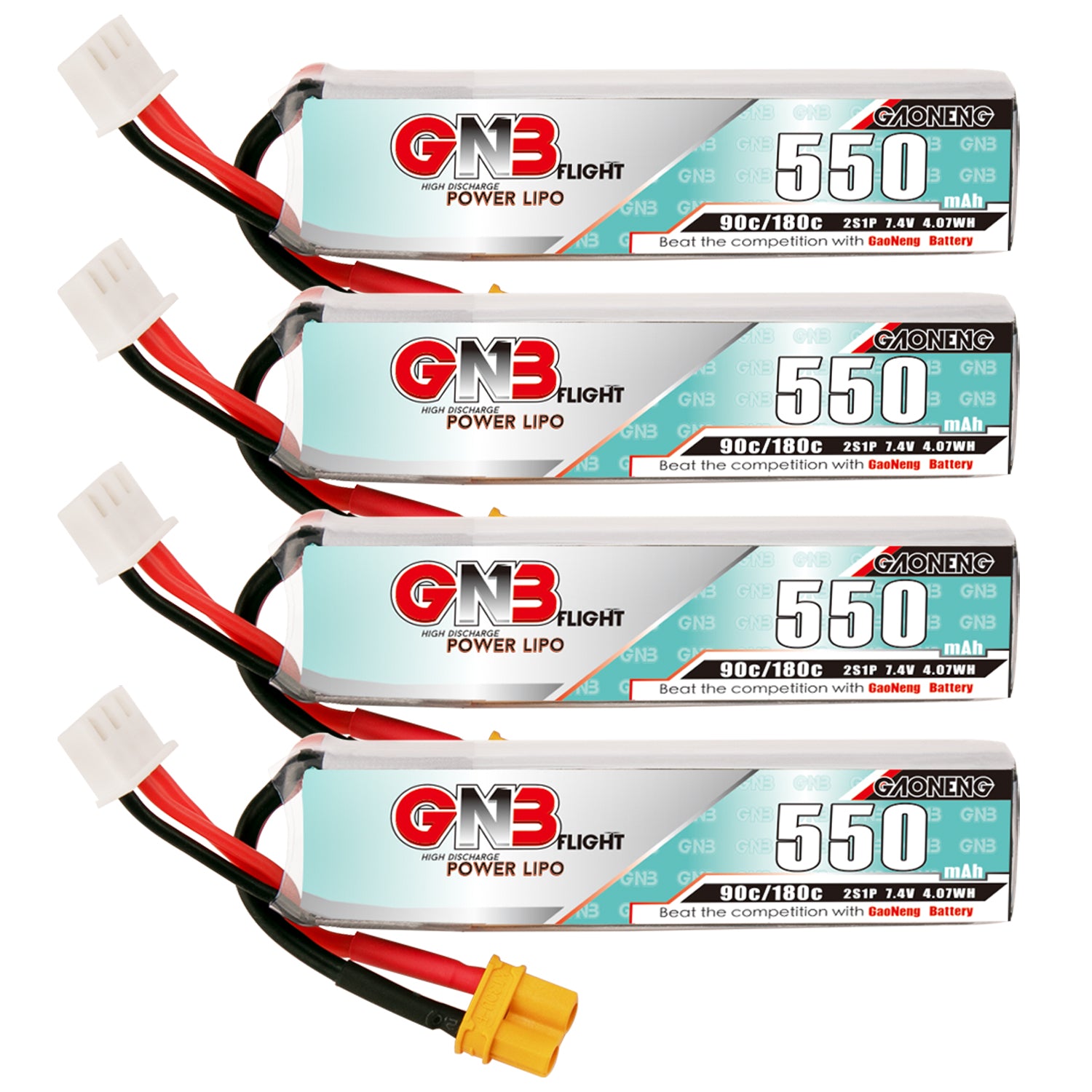 GAONENG GNB 550mAh 2S 7.4V 90C XT30 LiPo batteries, 4-pack set with balance leads