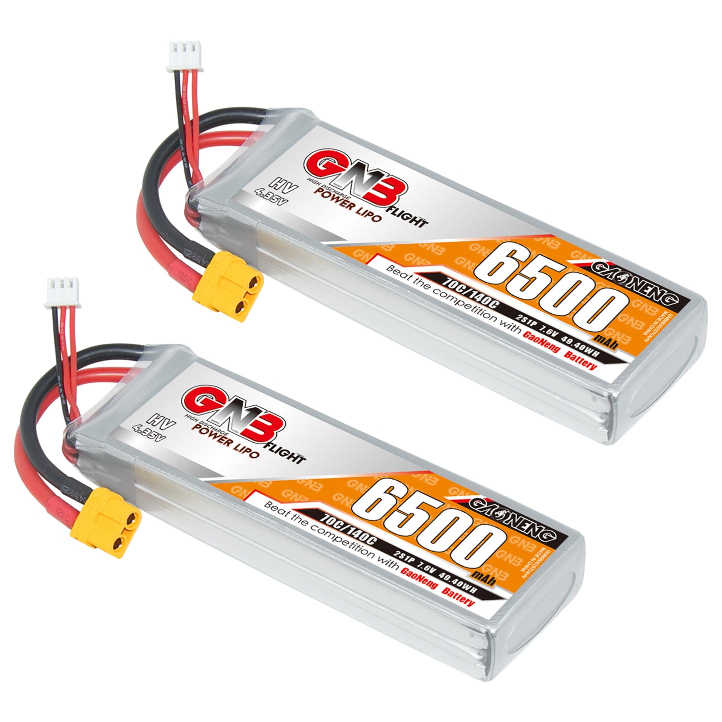 Two GNB 6500mAh LiHV LiPo battery packs shown together, each with XT60 connector and balance plug