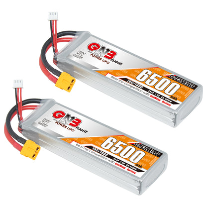 Two GNB 6500mAh LiHV LiPo battery packs shown together, each with XT60 connector and balance plug