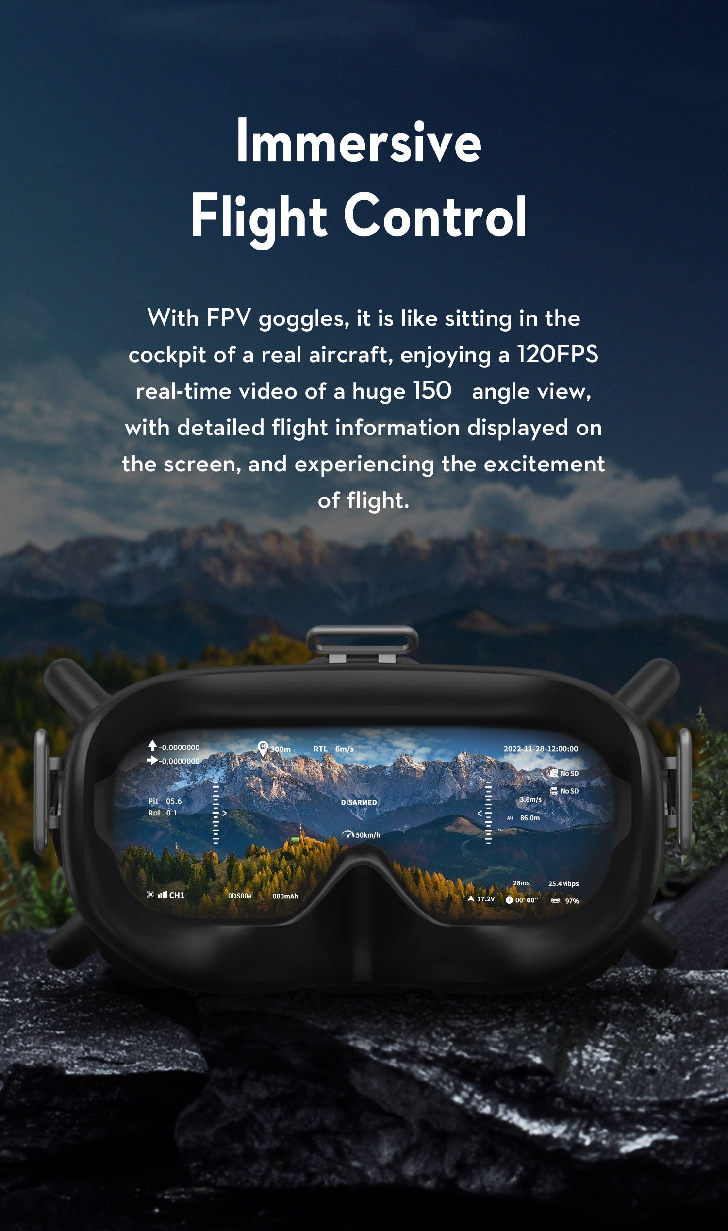 OMPHOBBY ZMO PRO VTOL FPV Aircraft, FPV goggles provide real-time video feed and flight info, simulating actual flying experience.